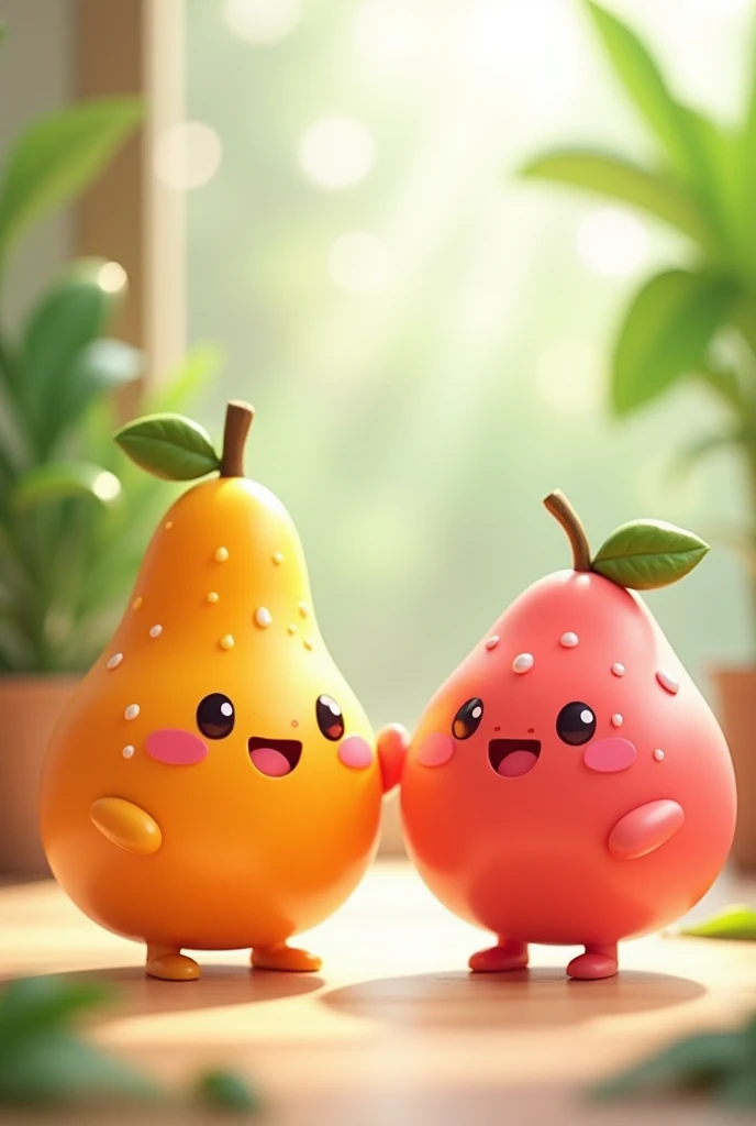 Create an image of two adorable, cartoonish fruit characters, one orange and one pink, both with cheerful smiles and tiny arms and legs. They have glossy, semi-transparent surfaces with tiny water droplets, and each has a small leaf on top. The background features a bright and airy indoor setting with green plants and soft natural light, creating a cozy atmosphere. The scene conveys a sense of happiness and friendship, with a gentle bokeh effect in the background.