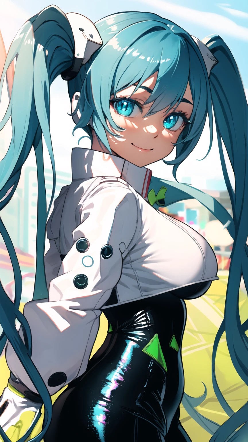 (masterpiece, Highest quality), Backlight, Lens flare, Wide Shot, Fisheye Lens , (Face Focus, Written boundary depth, close: 1.5), Super Detail, shape, colorful, (Fault Color: 1.3), (Immidshot: 1.3), video, Wide-angle, Upper Body, miku hatsune, ((Big Breasts)), Spotless, Dark green hair, Twin tails, Very long hair, Place your arms behind your back, blue eyes, Glowing Eyes, Relaxed face, eyebrow, Shiny Hair, Glowing Skin, A light smile, racing Miku, Black bodysuit, Cropped jacket, White jacket, Long sleeve, Two-tone gloves, Thigh-high boots, bright, Beautifully detailed skies, city, street