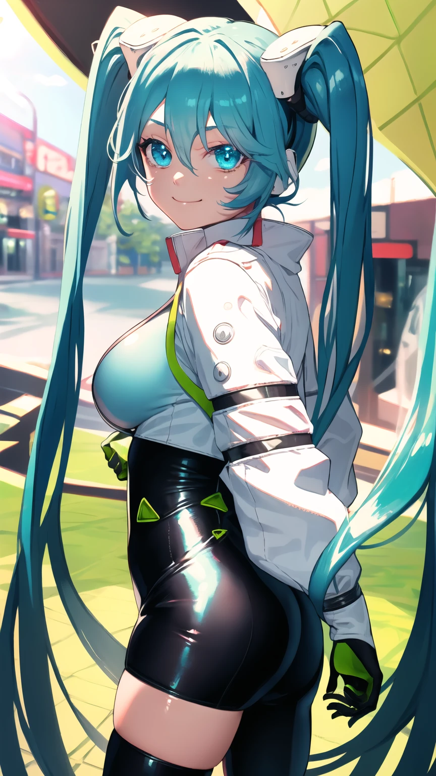 (masterpiece, Highest quality), Backlight, Lens flare, Wide Shot, Fisheye Lens , (Face Focus, Written boundary depth, close: 1.5), Super Detail, shape, colorful, (Fault Color: 1.3), (Immidshot: 1.3), video, Wide-angle, Upper Body, miku hatsune, ((Big Breasts)), Spotless, Dark green hair, Twin tails, Very long hair, Place your arms behind your back, blue eyes, Glowing Eyes, Relaxed face, eyebrow, Shiny Hair, Glowing Skin, A light smile, racing Miku, Black bodysuit, Cropped jacket, White jacket, Long sleeve, Two-tone gloves, Thigh-high boots, bright, Beautifully detailed skies, city, street