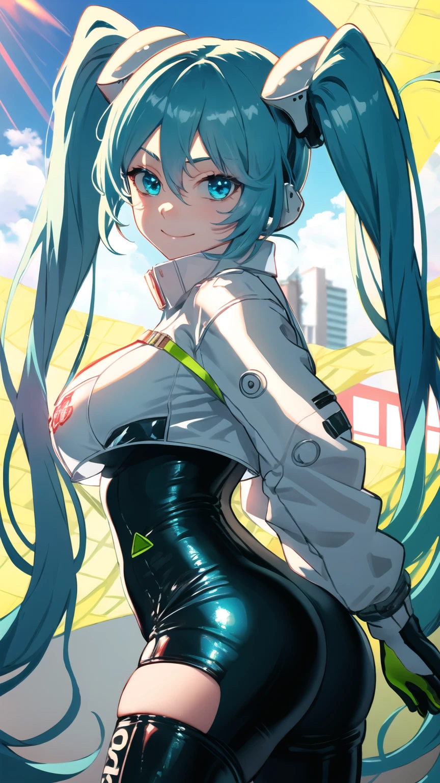 (masterpiece, Highest quality), Backlight, Lens flare, Wide Shot, Fisheye Lens , (Face Focus, Written boundary depth, close: 1.5), Super Detail, shape, colorful, (Fault Color: 1.3), (Immidshot: 1.3), video, Wide-angle, Upper Body, miku hatsune, ((Big Breasts)), Spotless, Dark green hair, Twin tails, Very long hair, Place your arms behind your back, blue eyes, Glowing Eyes, Relaxed face, eyebrow, Shiny Hair, Glowing Skin, A light smile, racing Miku, Black bodysuit, Cropped jacket, White jacket, Long sleeve, Two-tone gloves, Thigh-high boots, bright, Beautifully detailed skies, city, street