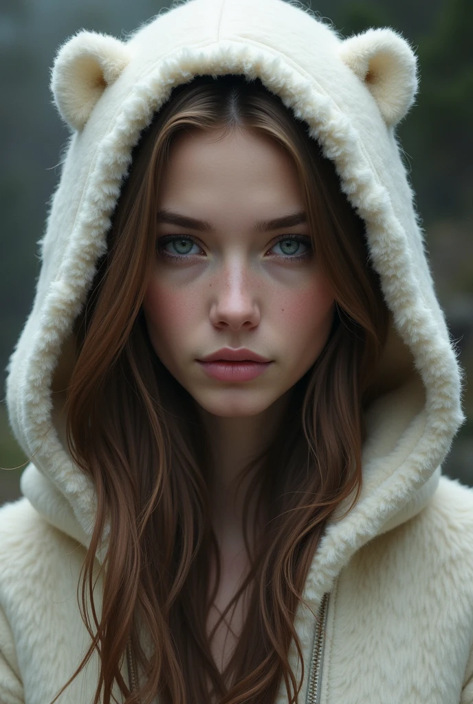 A woman with long brown hair wearing a polar bear hood