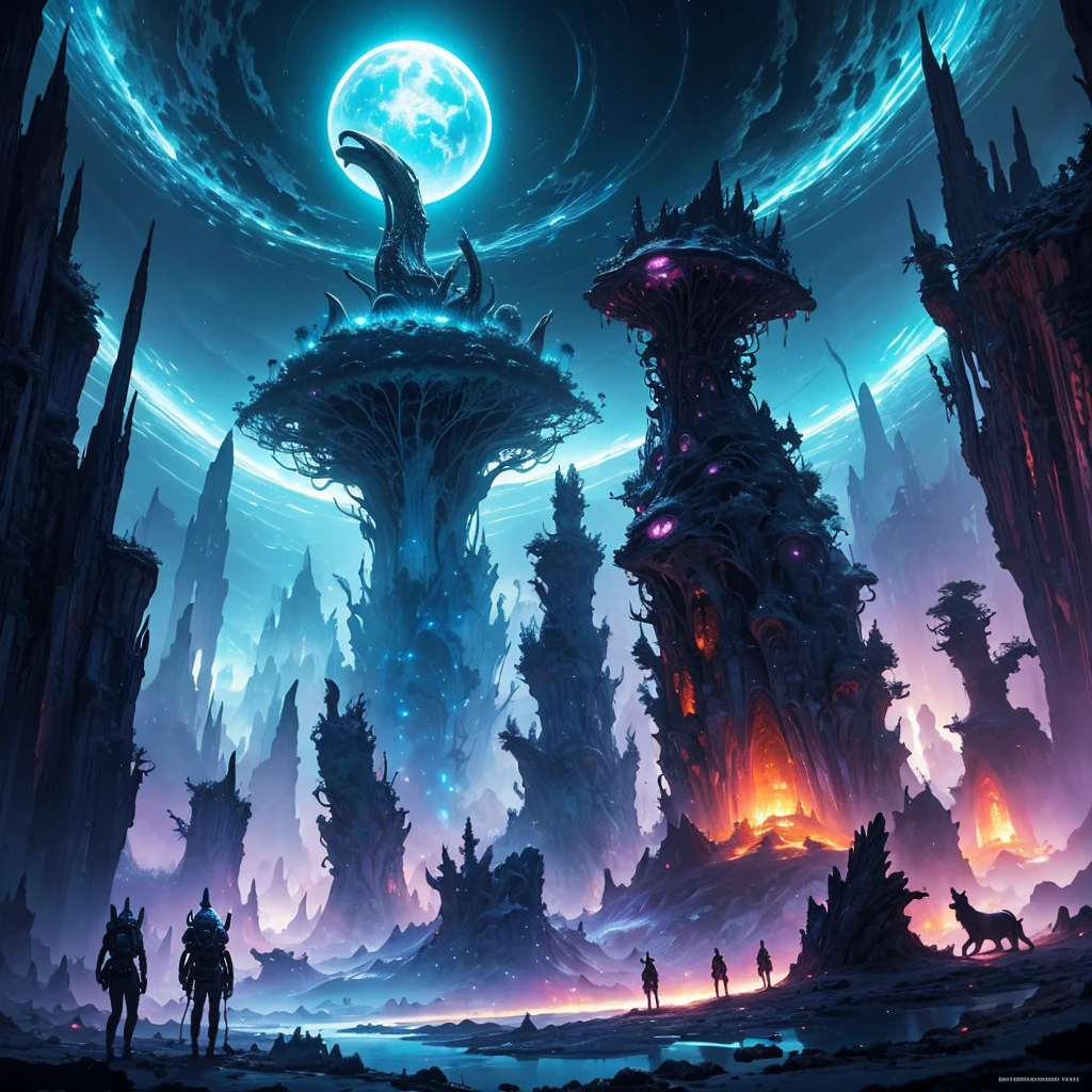An odd assortment of mystical creatures roaming an extraterrestrial landscape, alien flora intermingling with curious beasts displaying a multitude of peculiar features, enigmatic skies casting otherworldly illumination, panoramic alien world view, wide-angle, rich vivid colors, digital painting, ultra clear, surreal masterpiece, night sky, neon, universe, magnificent lighting, glowing