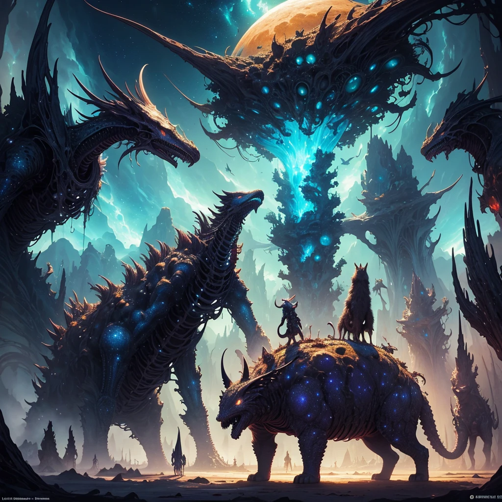 An odd assortment of mystical creatures roaming an extraterrestrial landscape, alien flora intermingling with curious beasts displaying a multitude of peculiar features, enigmatic skies casting otherworldly illumination, panoramic alien world view, wide-angle, rich vivid colors, digital painting, ultra clear, surreal masterpiece, night sky, neon, universe, magnificent lighting, glowing