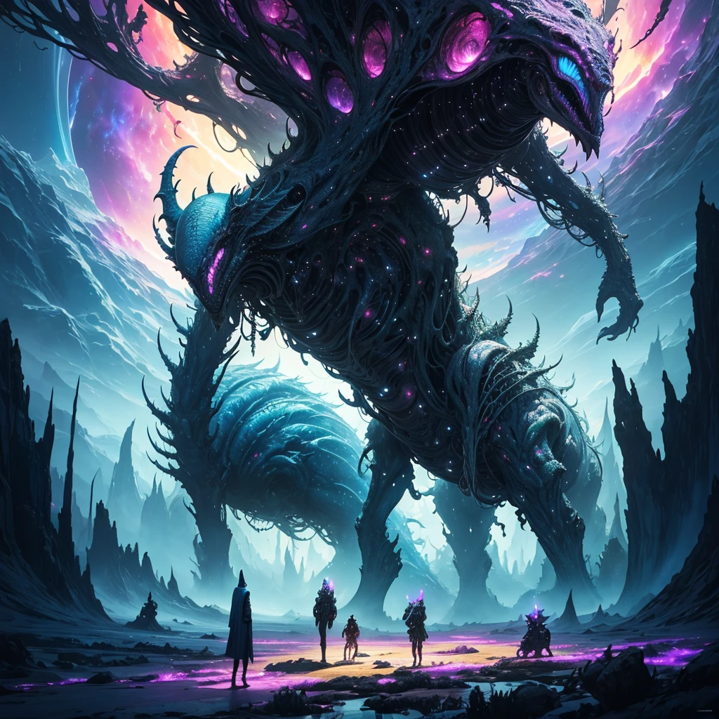 An odd assortment of mystical creatures roaming an extraterrestrial landscape, alien flora intermingling with curious beasts displaying a multitude of peculiar features, enigmatic skies casting otherworldly illumination, panoramic alien world view, wide-angle, rich vivid colors, digital painting, ultra clear, surreal masterpiece, night sky, neon, universe, magnificent lighting, glowing