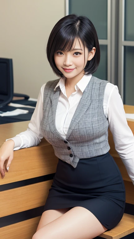 Very realistic and clear photos，Anatomically accurate body，The correct five fingers，Japanese，1 mature woman, Age 35，Slightly larger breasts，slightly larger hips，Just a little fat，Translucent white and delicate skin，The eyes are small，Neat and clean beauty，Married and settled，Bob or short hair，Wearing a ring on the left ring finger，office worker, receptionist, (White and grey checked vest:1.2) (Navy pencil skirt) bow tie, High heels，sitting on a park bench，Very attractive thighs extending from the skirt，Spread your legs，/(Black Hair/) bangs, A gentle blushing smile, (Masterpiece Top quality:1.2) Delicate illustrations, super detailed, Detailed Background，Full body photo from toe to head