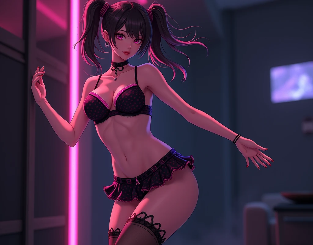 anime woman, dancing, black bras with neon pink outlines, black and pink patterned miniskirt, wearing garter belts and stockings, shot from below skirt, exposing underwear.