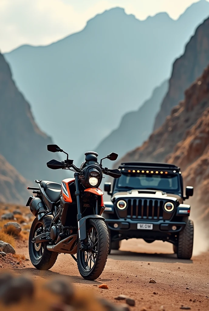 KTM 390 adventure (inbuild all modification bike) and black Thar (in build all modification Thar) tow vehicle picture world most stylish and attractive in realistic one picture wallpaper format . This bike and car looks my face