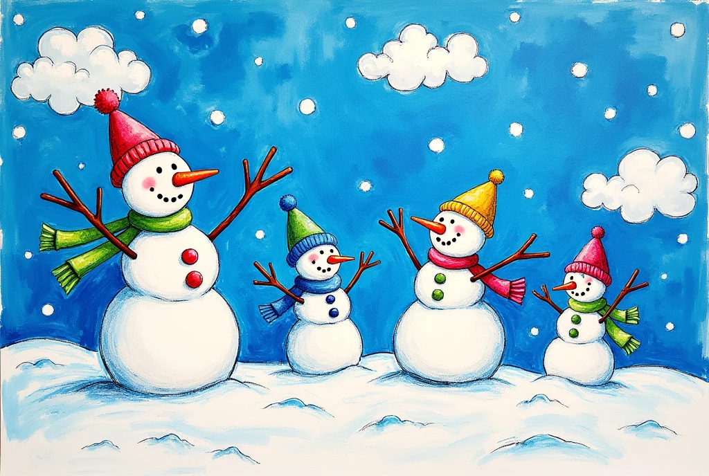 4Snow scene drawn by a child with crayons,