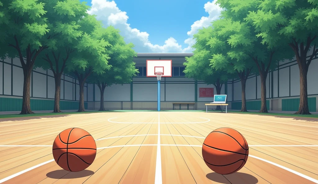 a Japanese outdoor school basketball court. the floor is wooden, the court is empty without any people; there are 2 basketball balls on the floor, basketball balls correct size, and there is a table outside the court with a laptop; masterpiece, super detailed. image taken from afar, anime art
