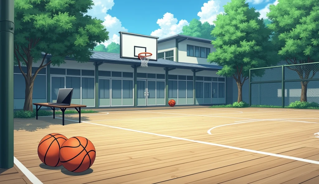 a Japanese outdoor school basketball court. the floor is wooden, the court is empty without any people; there are 2 basketball balls on the floor, basketball balls correct size, and there is a table outside the court with a laptop; masterpiece, super detailed. image taken from afar, anime art