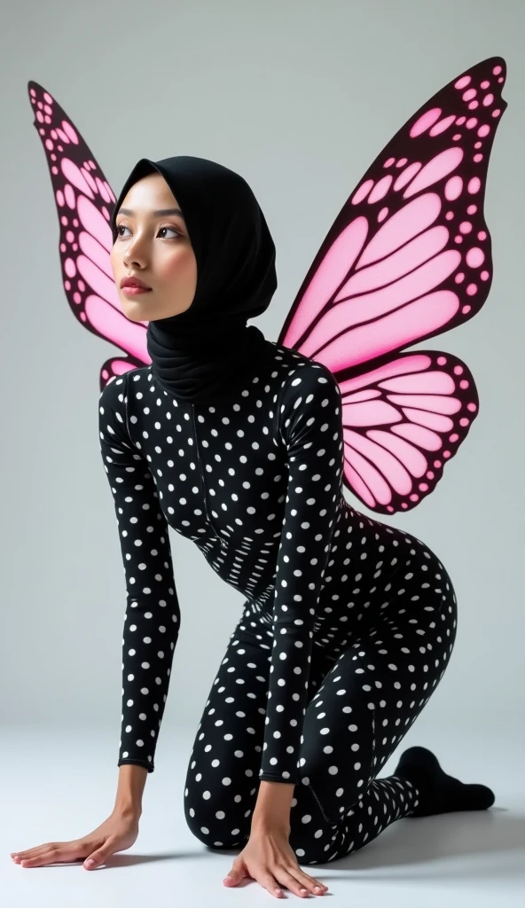 The most beautiful,thin,most pretty and clever malaysian muslimah adult girl wears black butterfly lycra turtleneck unitard catsuit covered with white seamless polkadots.She always wear black butterfly lycra dancewear stretchy square hijab.She has a pair of pink beautiful butterfly wings.She is crawling.