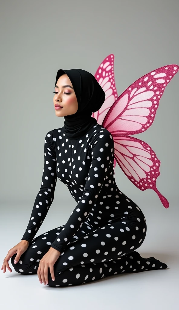 The most beautiful,thin,most pretty and clever malaysian muslimah adult girl wears black butterfly lycra turtleneck unitard catsuit covered with white seamless polkadots.She always wear black butterfly lycra dancewear stretchy square hijab.She has a pair of pink beautiful butterfly wings.She is crawling.