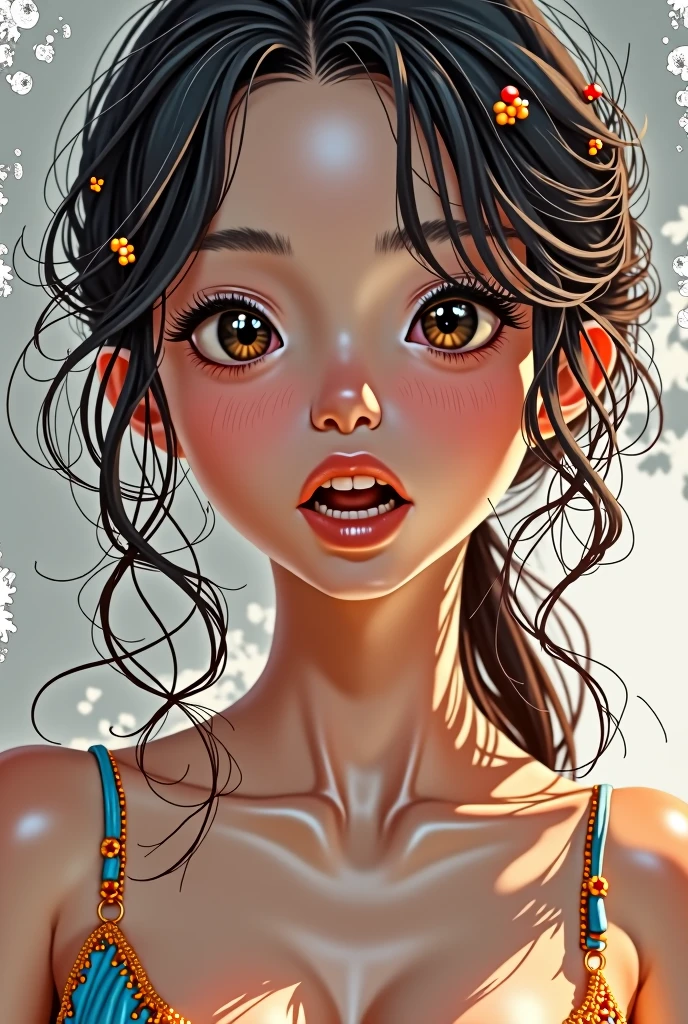 Prompt 0
（masterpiece）），（（Highest quality），（Portrait of a beautiful girl），Eye for perfect detail，Face in perfect detail、Very elaborate nose，Open your mouth、Radom Color Shorts，Perfect Teeth、Exposing shoulders，Charm，Perfect Face、Dimples on cheeks、Depth of written boundary，High resolution、（Realistic skin texture）），（Well-proportioned hands），Thin lips、Random colored hair，Floating multicolored hair、Narrow waist、Orange