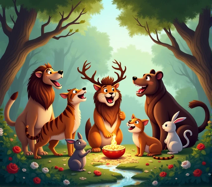 
All the forest animals lion tiger deer dog cat bear Rabbit gathering around, celebrating with joy. They are singing, dancing, and having a feast together.