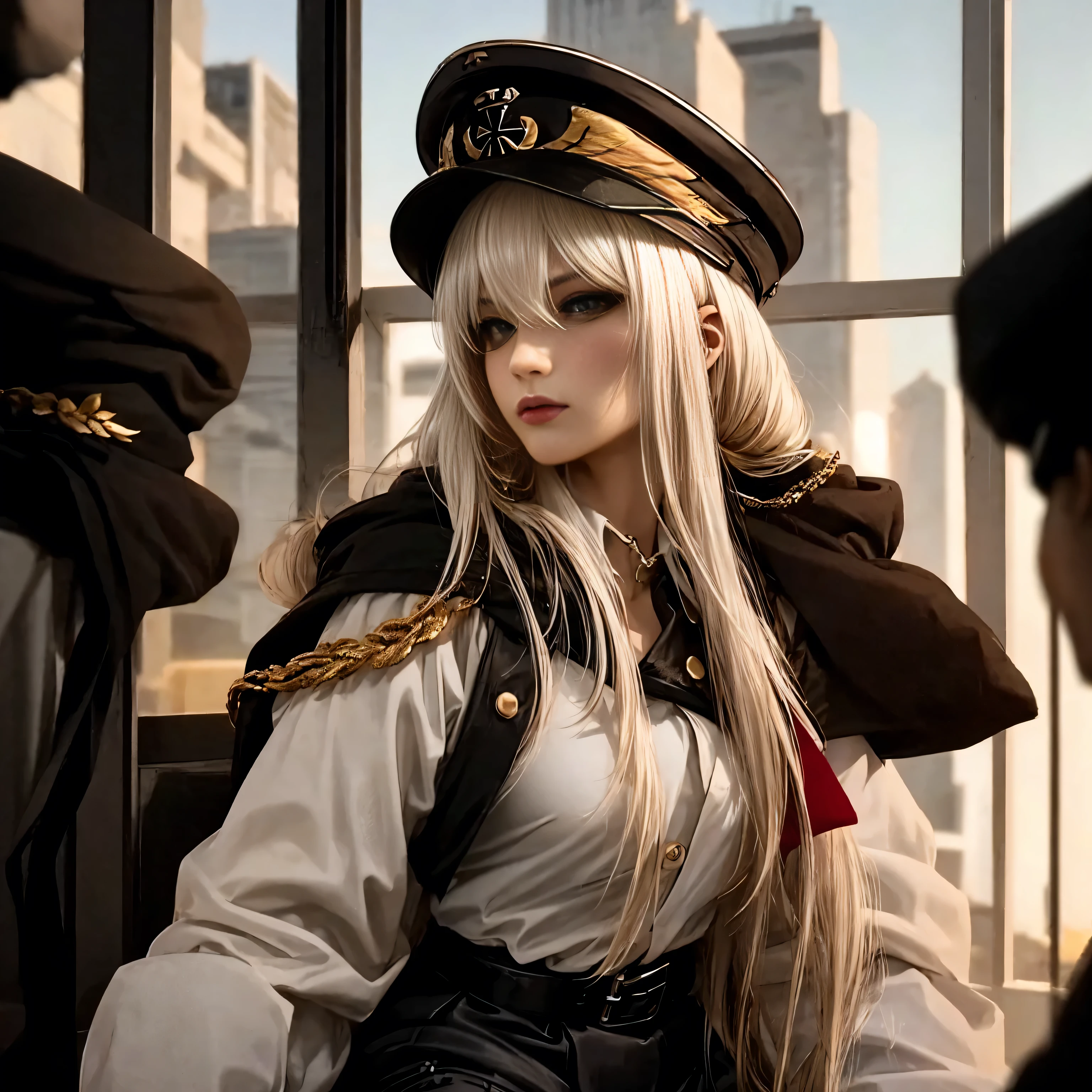 ((best quality)), ((Masterpiece)), (details:1.4), 3d, Image of a beautiful cyberpunk woman. HDR (high dynamic range), mature woman, เหมือนจริง, High ponytails, Red hair, Blue eyes, future police, PBR surface, After processing, Anisotropic filtration,depth of field, Maximum clarity and clarity, multi-layered surface, perfect proportions, 8K raw files, cyberpunk, at night, ผมหลายชั้น, red short skirt, natural lighting, soft lighting, sunlight, หน้าอกใหญ่, a woman wearing a black gothic style military uniform, black military hat with gold details, iron cross symbol on the military hat, 