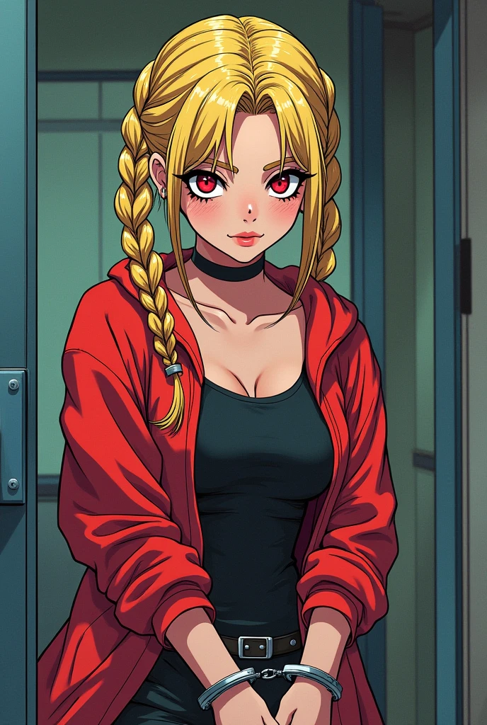Young woman in handcuffs, anime, blonde, braids, bright makeup
