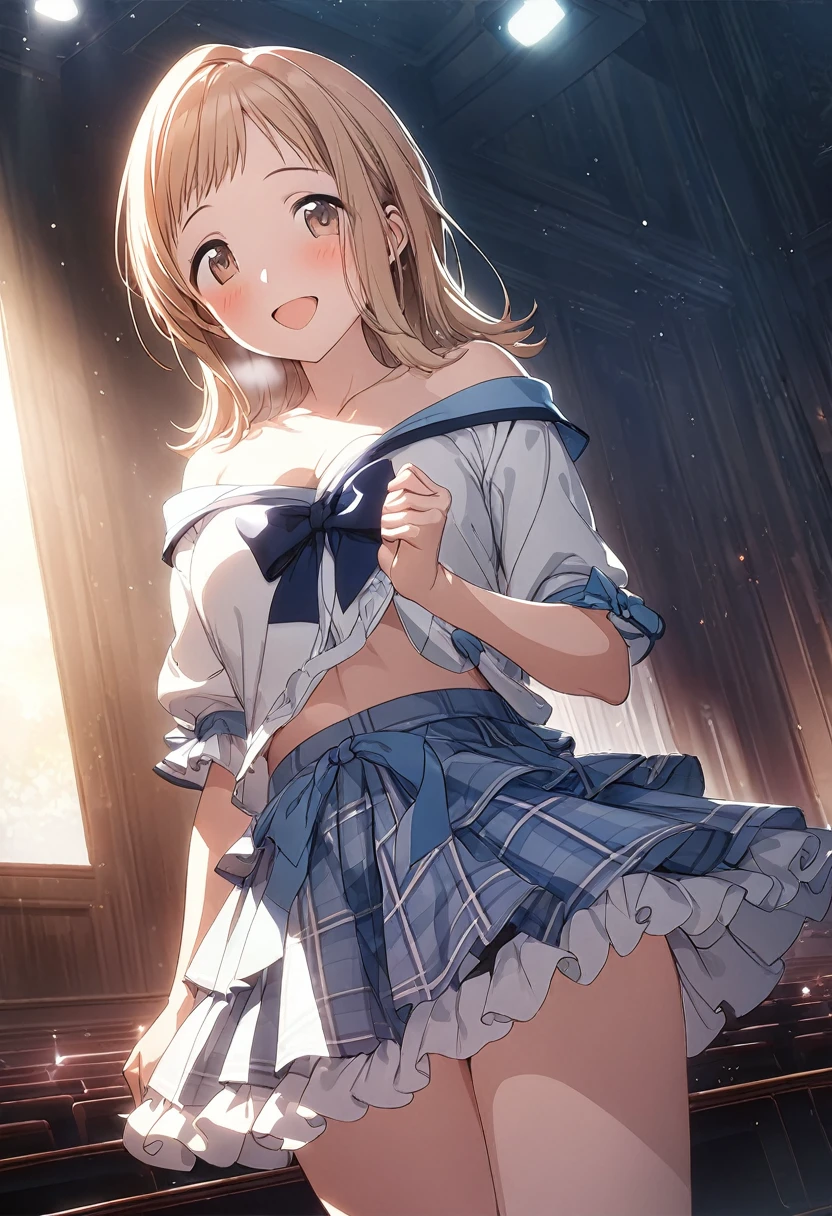 (masterpiece, highest quality, ultra high res, ultra detailed:1.3), 1 cute girl, ideal ratio body proportions, blonde short hair,  uniform, clothes covered nipples, blue pleated mini skirt, (white panties, high kicking the viewer:1.4), angry look, cameltoe, dynamic angle, 