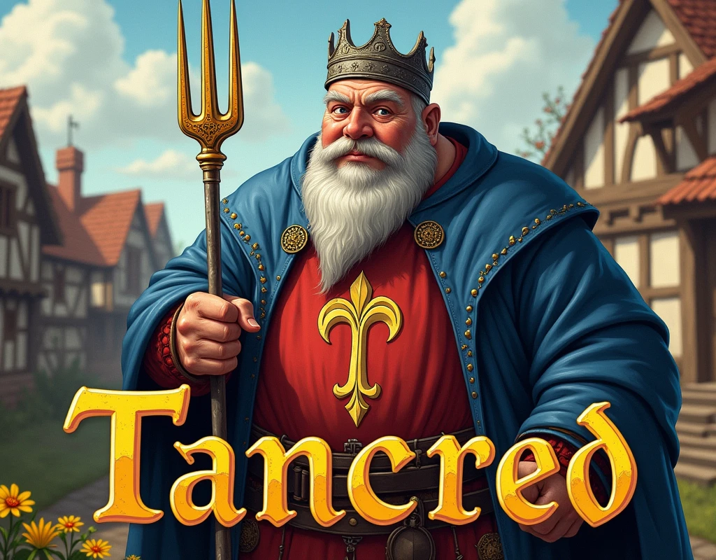 A poster depicting a fat man, tired old lord, blue and red torn medieval blue and red clothing, holding a two-handed fork, with logo: thin vertical yellow sword painted upwards between 2lily flowers.BREAK. damaged by fighting. iron crown, very battle-damaged, coat of arms. He's in a village, with the words "Tancred" written in large golden letters in the foreground.
