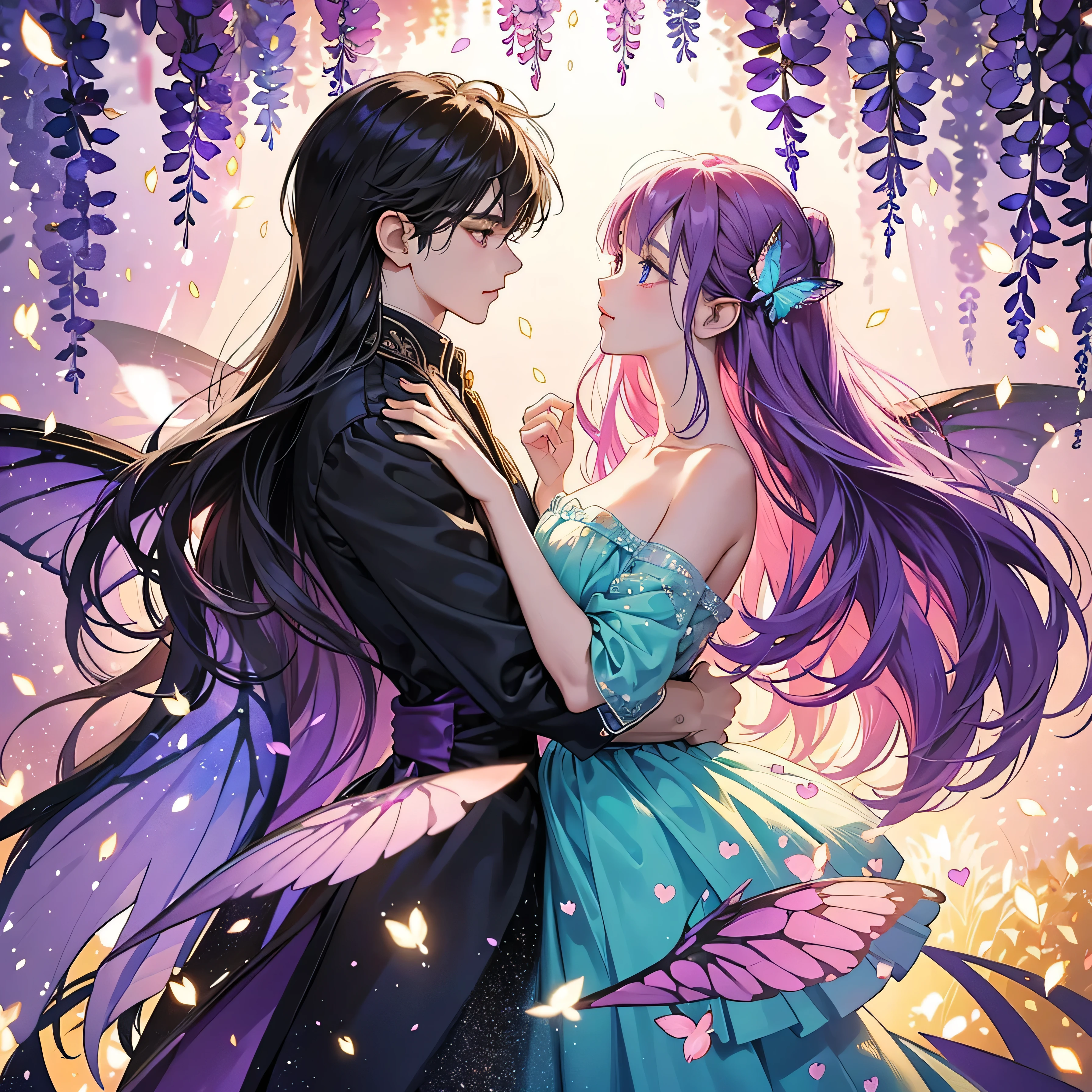 glittery background, a symmetrical illustration of a silhouette standing under a wisteria forest with large pink butterfly wings in the style of anime tarot card art in the style of colorful, colorful sparkles flying everywhere, a magical, dreamy glow effect, glowing lights, vibrant colors of pink, black, yellow, white, purple, red, orange, and blue. --ar 3:4 --niji 615:18/-strong/-heart:>:o:-((:-h Hôm qua