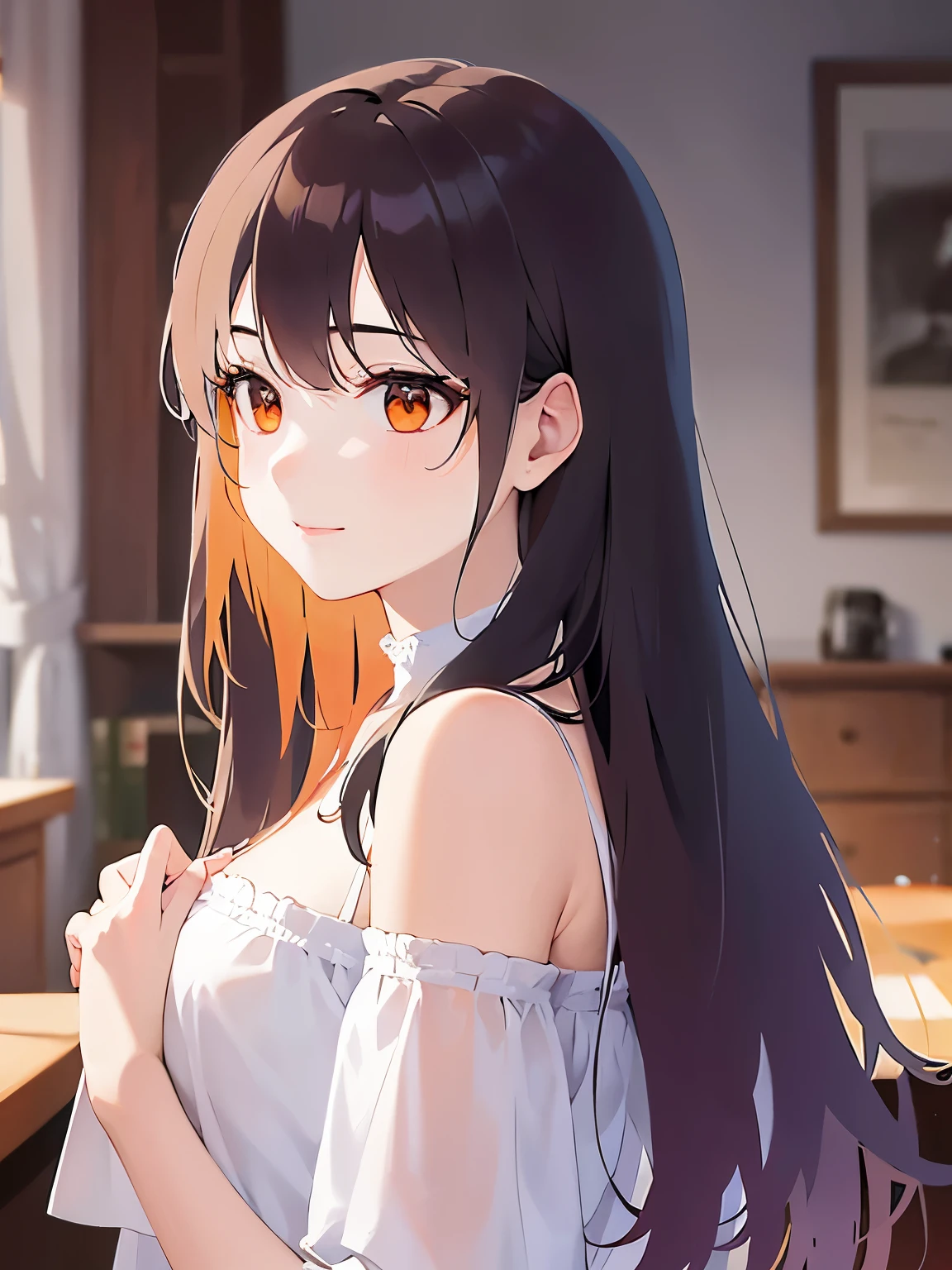 side angle, (looking away:1.5), Upper Body, Realistic, real person, (pale skin: 1.2), RAW photo, photorealistic, shiny skin, shiny hair、(A 2 woman with medium-length hair and bangs) and (wavy hair) and (brown hair) and (orange eyes:1.5) and (half closed eyes), (white) and (off shoulder blouse) 、Cleavage、smile, The background is the living room、Alone、Are standing