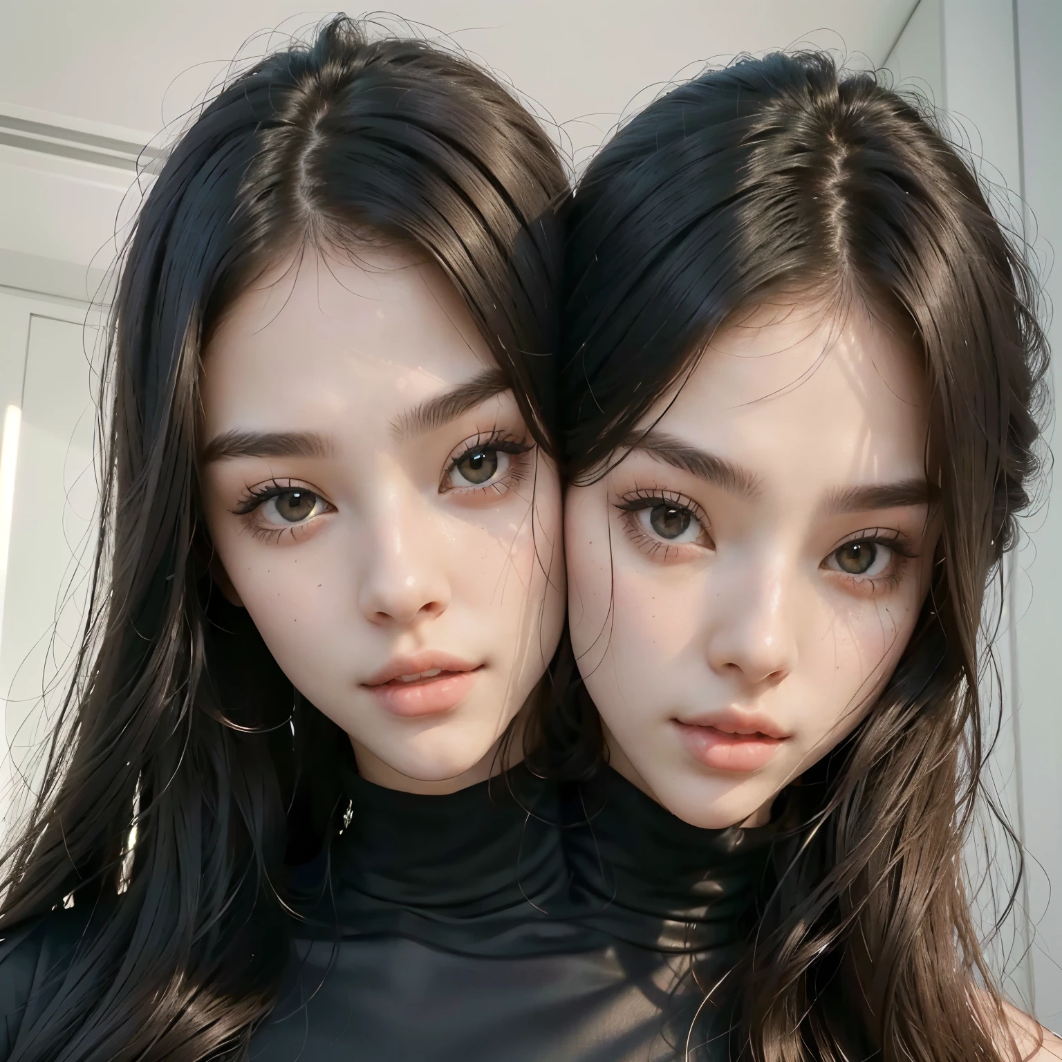 (2heads:1.2), 2heads, two young women with long hair and black turtle neck shirts, beautiful gemini twins portrait, beautiful highly symmetric faces, beautiful gemini twins, beautiful sci - fi twins, korean symmetrical face, two identical symmetrical eyes, with symmetrical facial features, korean face features, ulzzang, with a twin, beautiful and realistic faces, two girls