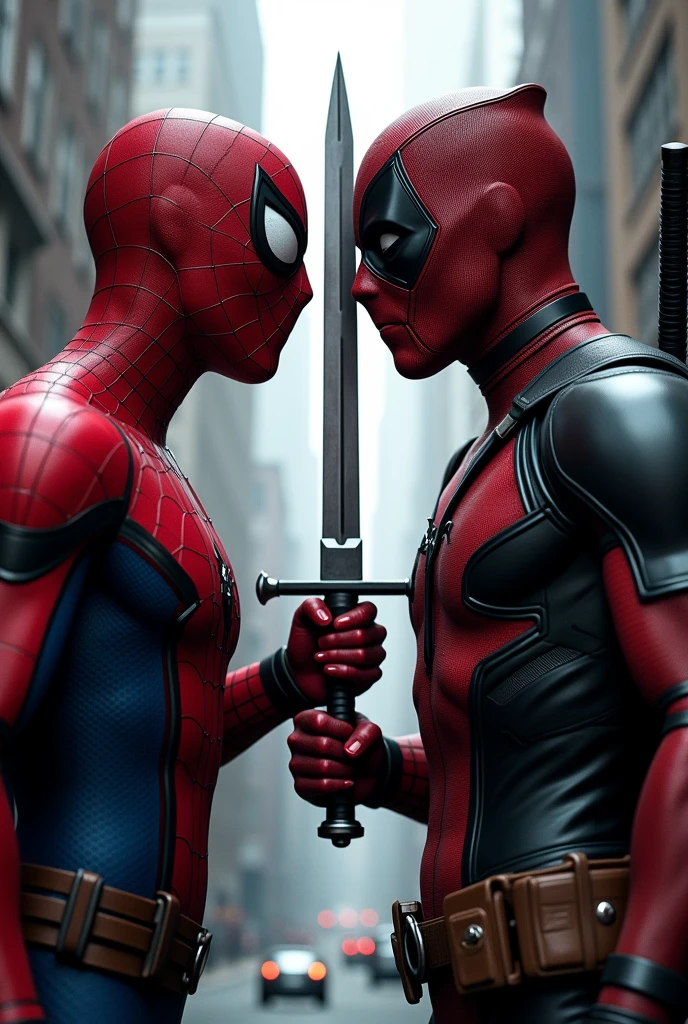 Spider man and Deadpool looking at eachothers eyes while spiderman holding sword to Deadpools throat and Deadpool holding the sword to Spider-Man throats both want to kill eachother by cutting the head out of body