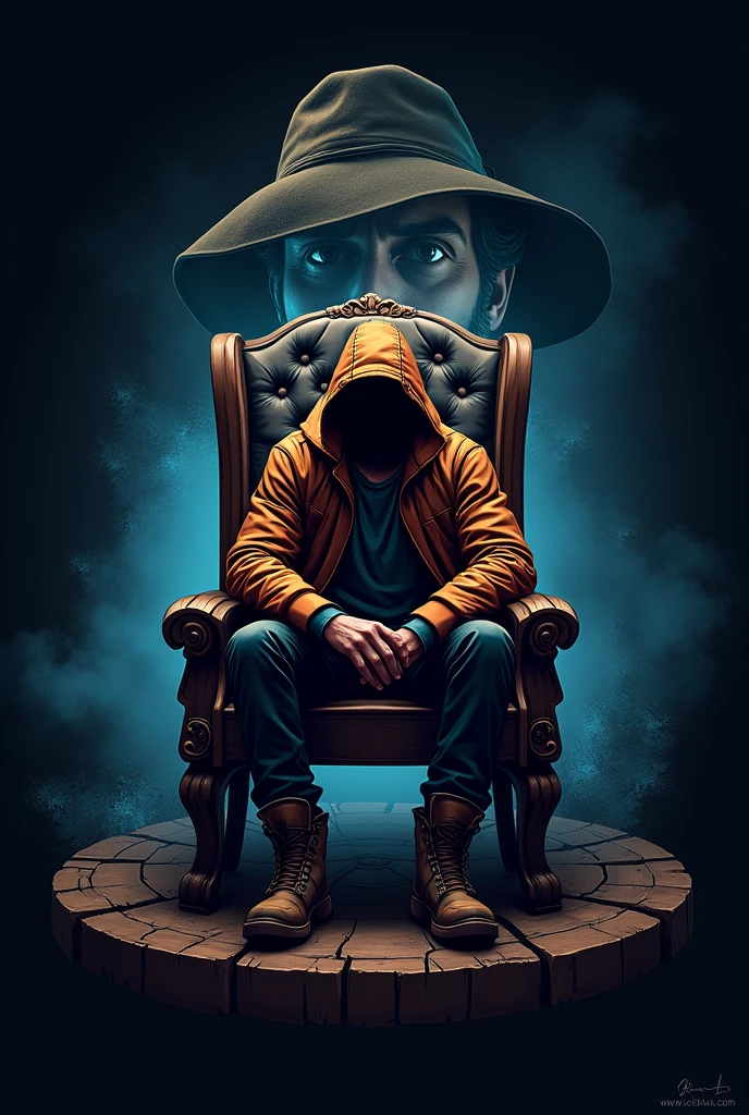 Creat a PUBGM gaming logo having a detective face in the background and a character is setting on the farmable chair