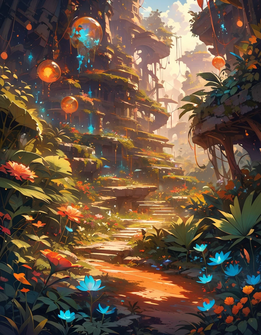 Create otherworldly landscape images, Exotic plants and animals thrive in unfamiliar environments. The sky should be deep, Bright colors unlike those seen on Earth, Multiple satellites or objects are visible. Rugged,Rugged, Glowing crystals stick out from the ground. exception, Bioluminescent plants should be scattered around, Cast a strange light. in the distance, Tall spiers or structures of unknown origin should be looming, hints at a civilization beyond our understanding. A world that exceeds our expectations and inspires the imagination.