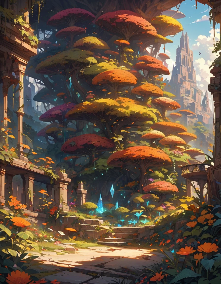 Create otherworldly landscape images, Exotic plants and animals thrive in unfamiliar environments. The sky should be deep, Bright colors unlike those seen on Earth, Multiple satellites or objects are visible. Rugged,Rugged, Glowing crystals stick out from the ground. exception, Bioluminescent plants should be scattered around, Cast a strange light. in the distance, Tall spiers or structures of unknown origin should be looming, hints at a civilization beyond our understanding. A world that exceeds our expectations and inspires the imagination.