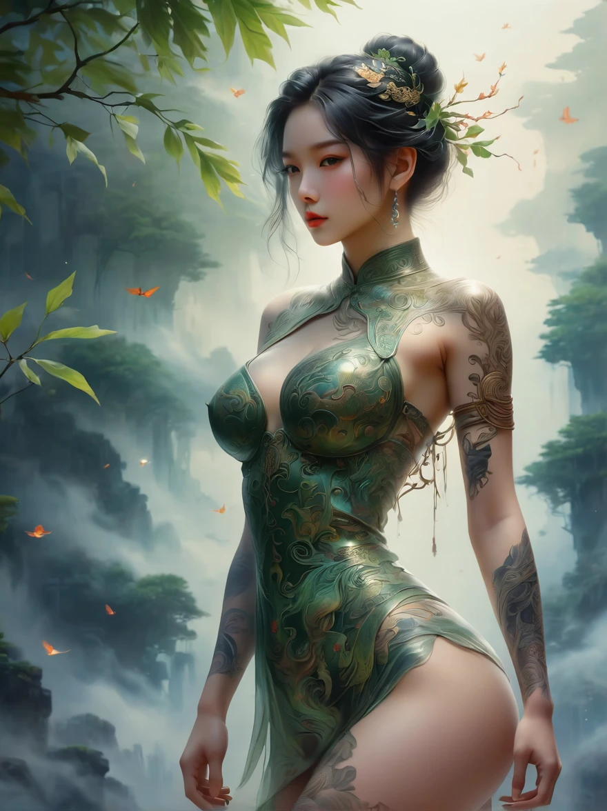 Beautiful Chinese girl，sketch，Minimalism，pencil drawing，Clear lines，(Double Exposure:1.4)，Exquisite decoration，Kuindzhi，(Upper thigh shot:1.3)，Full body shot，Low angle shot，(Tattoo:1.3)，Tyndall effect，Soft Focus，4K，hdr， [hdr：0.9]，Acid Graphics，Plant 1girl，Fantasy Artwork，[Detailed and attractive face：0.33]，[Coat Dress：0.15]，[K-pop：0.417]，masterpiece，(波尔卡Tattoo:1.4)，(Translucent luminous body:1.5)，Minimalism设计，Silhouette outline and beauty woman and glowing，Shadow World，错综复杂的艺术品masterpiece，(Suspenders:0.6)