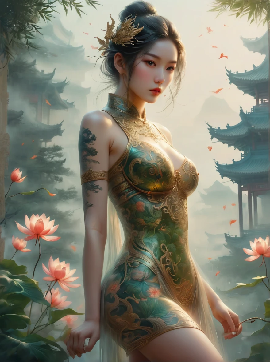 Beautiful Chinese girl，sketch，Minimalism，pencil drawing，Clear lines，(Double Exposure:1.4)，Exquisite decoration，Kuindzhi，(Upper thigh shot:1.3)，Full body shot，Low angle shot，(Tattoo:1.3)，Tyndall effect，Soft Focus，4K，hdr， [hdr：0.9]，Acid Graphics，Plant 1girl，Fantasy Artwork，[Detailed and attractive face：0.33]，[Coat Dress：0.15]，[K-pop：0.417]，masterpiece，(波尔卡Tattoo:1.4)，(Translucent luminous body:1.5)，Minimalism设计，Silhouette outline and beauty woman and glowing，Shadow World，错综复杂的艺术品masterpiece，(Suspenders:0.6)