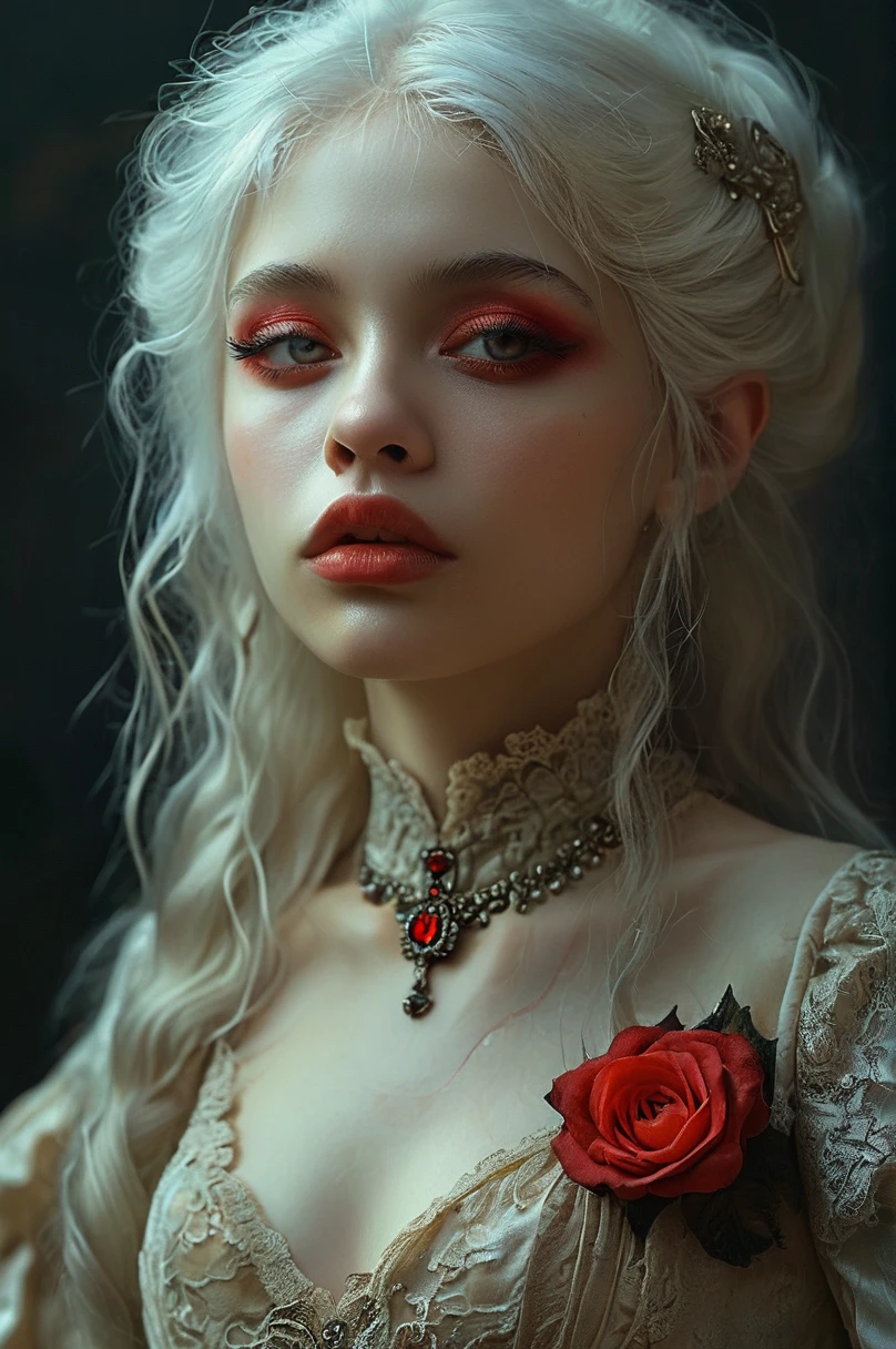 style of Bella Kotak, gothic, (((vampire woman)), ((vampire)), ((white hair)), ((((waist and torso portrait)))), albine woman, (reddish pupils), award winning, perfect eyes, detailed skin, beautiful face, detailed face, very femenine, cleavage, Rembrandt Lighting Style,Hyperrealism style,Hyperrealism style,Extremely high-resolution details,photographic,realism pushed to extreme,fine texture,incredibly absurdres,absurdres,masterpiece,Extremely high-resolution details,realism pushed to extreme, dark haze atmosphere