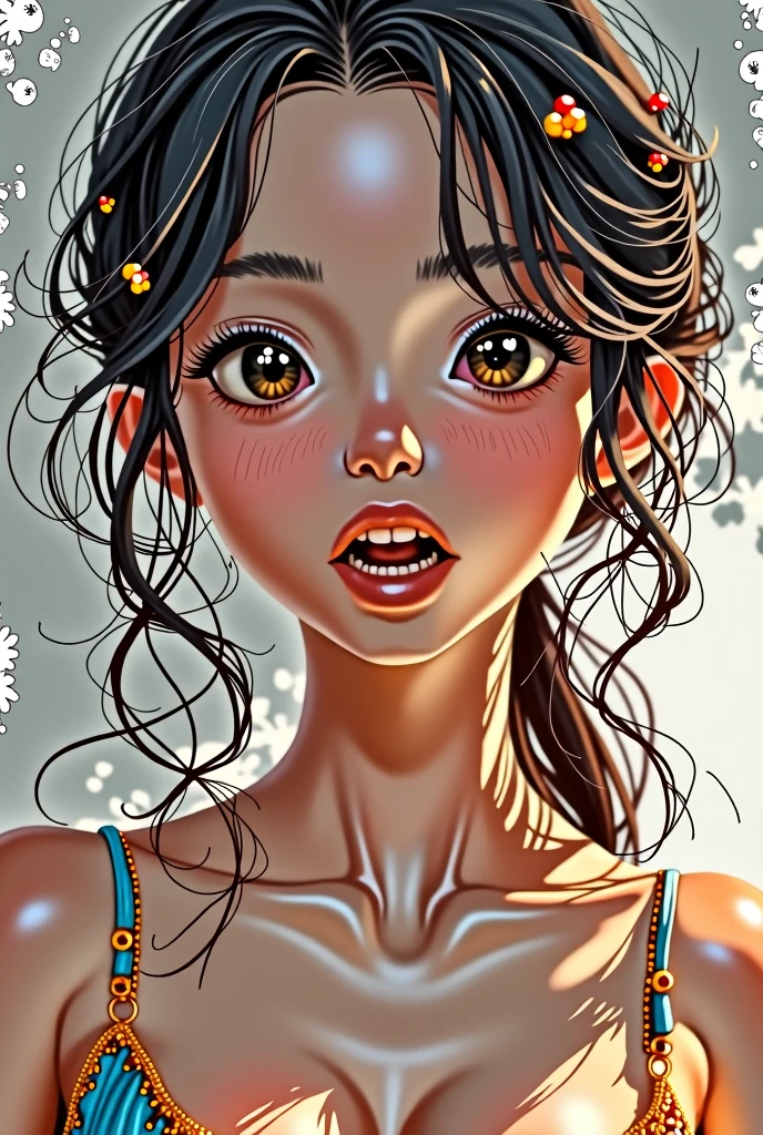 Prompt 0
（masterpiece）），（（Highest quality），（Portrait of a beautiful girl），Eye for perfect detail，Face in perfect detail、Very elaborate nose，Open your mouth、Radom Color Shorts，Perfect Teeth、Exposing shoulders，Charm，Perfect Face、Dimples on cheeks、Depth of written boundary，High resolution、（Realistic skin texture）），（Well-proportioned hands），Thin lips、Random colored hair，Floating multicolored hair、Narrow waist、Orange