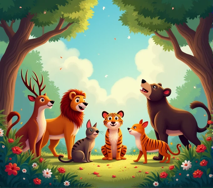 
All the forest animals lion tiger deer dog cat bear Rabbit bird gathering around, celebrating with joy. They are singing, dancing, and having a feast together.