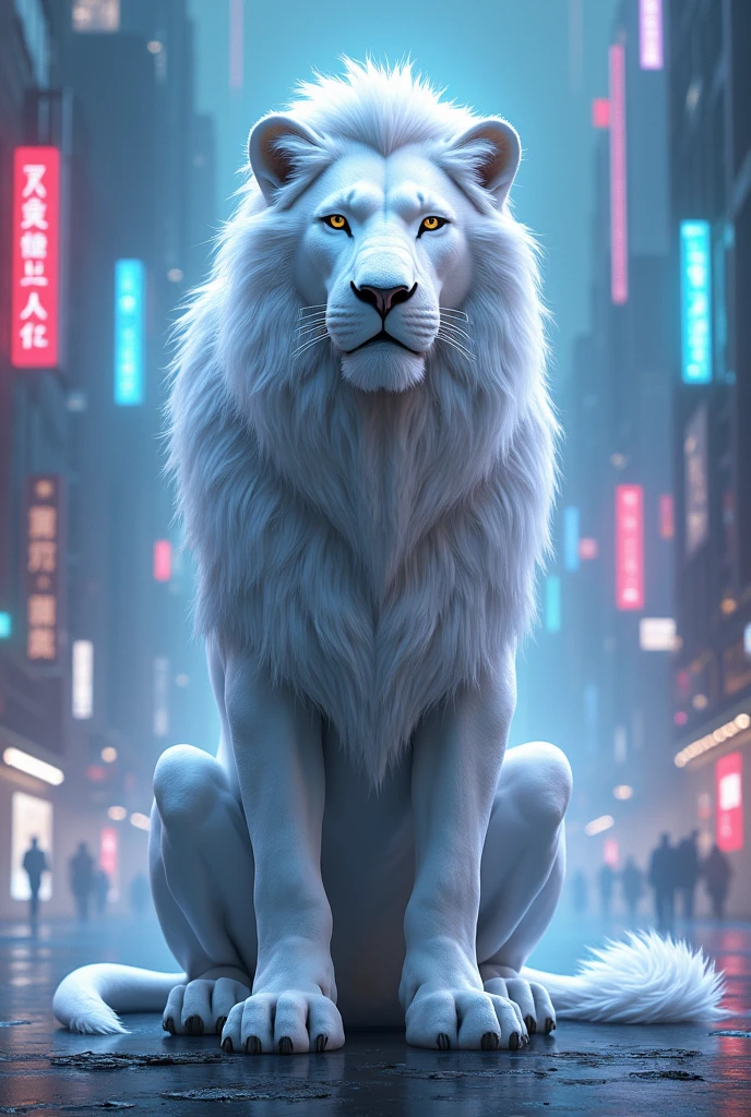 White Lion in cybarg in neon sitting