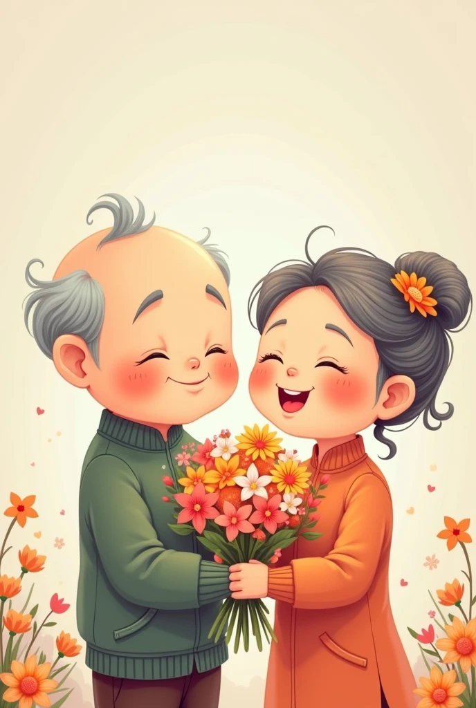 Asian Chinese old couple in cute cantoon hand hold flowers, both must grey hair

