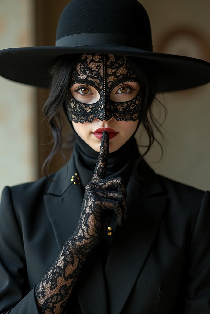 A Japanese woman in her 40s wearing a full-head black lace mask that covers her mouth and nose, with only the eyes cut out.、Long black lace gloves、Black Suit、Elegant wide brim black hat、Putting a finger to the lips、Black and gold scarf