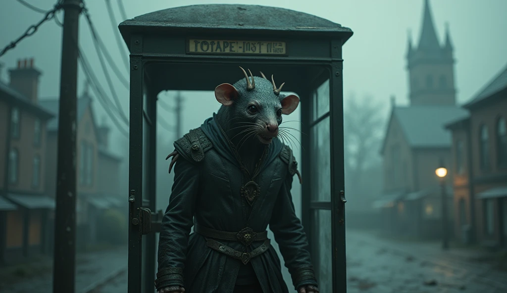 Top quality, masterpiece, town background, phone booth, creature inside phone booth, creature with rat face, clothed, sci-fi, detailed science, life science, detailed image texture, creepy, scary, creepy atmosphere (not AI image), cloudy weather, low color image, creepy, character filling the screen, light pastel colors, detailed skin, elaborate skin