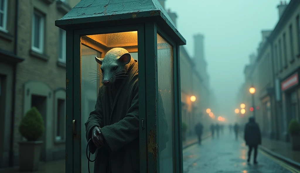 Top quality, masterpiece, town background, phone booth, creature inside phone booth, creature with rat face, clothed, sci-fi, detailed science, life science, detailed image texture, creepy, scary, creepy atmosphere (not AI image), cloudy weather, low color image, creepy, character filling the screen, light pastel colors, detailed skin, elaborate skin