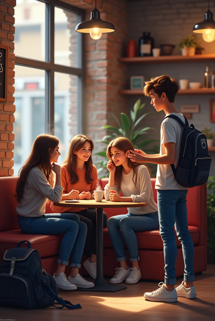 one teenager guy in the right side talking with the girls in the small coffee shop 
