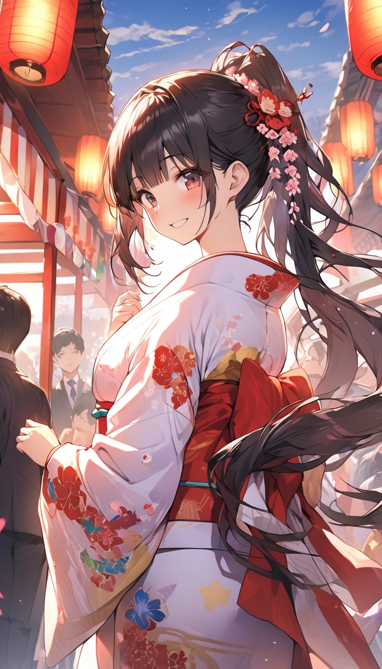 One Woman、beautiful girl、evening、kimono、Beautiful patterned kimono、ponytail、Waraji、School、Back of the school building、spring、cherry blossoms々、はためくcherry blossomsの花びら、Long Hair、Highest quality、Ultra HD、Black Hair、smile、8 heads、White tabi socks、Japanese Umbrella、smile、Cowboy Shot、festival、Many food stalls、Beautiful views、Spread the fan、Elegant Dance
