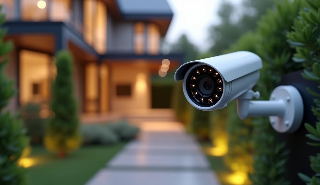 Creates a highly realistic and detailed scene by focusing on a modern security camera mounted on a stylish home exterior.. The camera is positioned prominently in the foreground, displaying intricate details, such as a circular infrared LED array around the lens. The background features a softly lit path leading to the entrance of a contemporary home., with lush green plants framing the view. The depth of field effect slightly blurs the background., draws attention to the presence of a vigilant camera while capturing the calm and safe atmosphere of the property. The lighting is warm, casts soft shadows that enhance the realism of the scene.