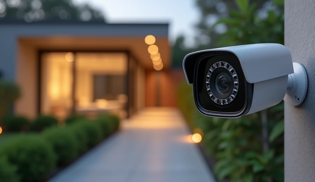 Creates a highly realistic and detailed scene by focusing on a modern security camera mounted on a stylish home exterior.. The camera is positioned prominently in the foreground, displaying intricate details, such as a circular infrared LED array around the lens. The background features a softly lit path leading to the entrance of a contemporary home., with lush green plants framing the view. The depth of field effect slightly blurs the background., draws attention to the presence of a vigilant camera while capturing the calm and safe atmosphere of the property. The lighting is warm, casts soft shadows that enhance the realism of the scene.