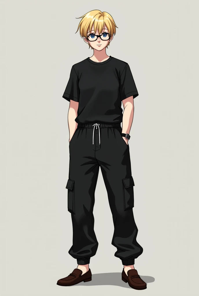 Sailor Uranus from sailor moon wearing glasses, black shirt with collar, black cargo pants & dark chocolate loafers