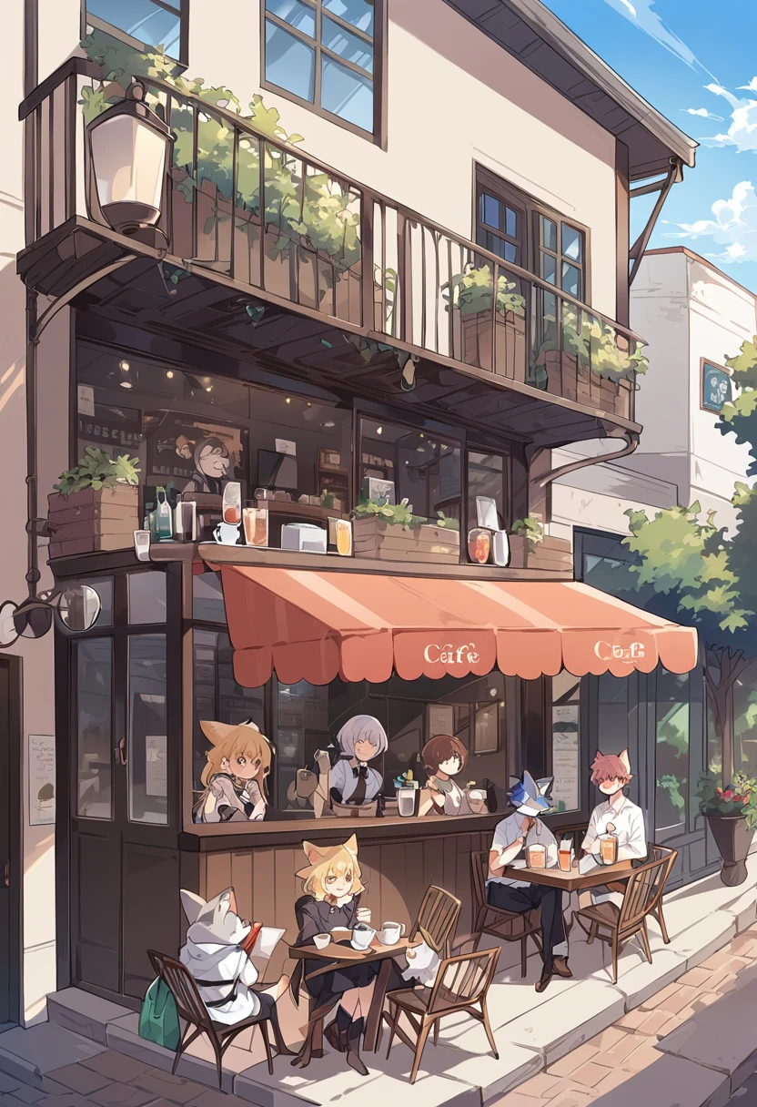 rating_safe, score_9, score_8_up, score_7_up, score_6_up, score_5_up, score_4_up, hires, source_furry(kemono, boy, girl)cafe Terrace, drink, coffee, staff,