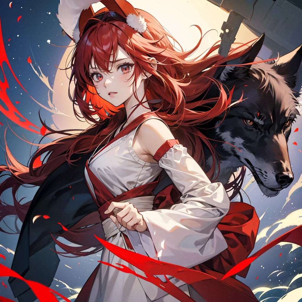 Anime girl with a red headdress and a wolf generative ai