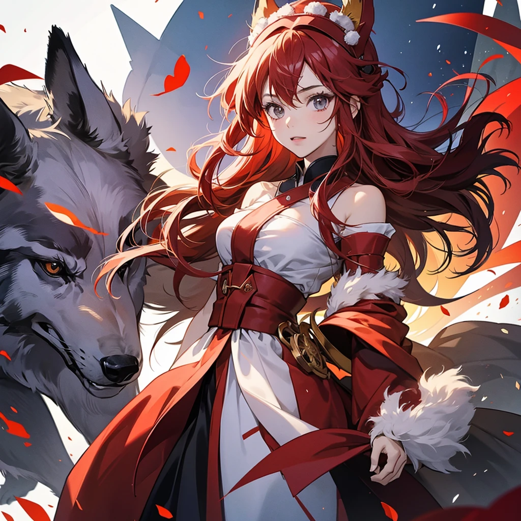 Anime girl with a red headdress and a wolf generative ai