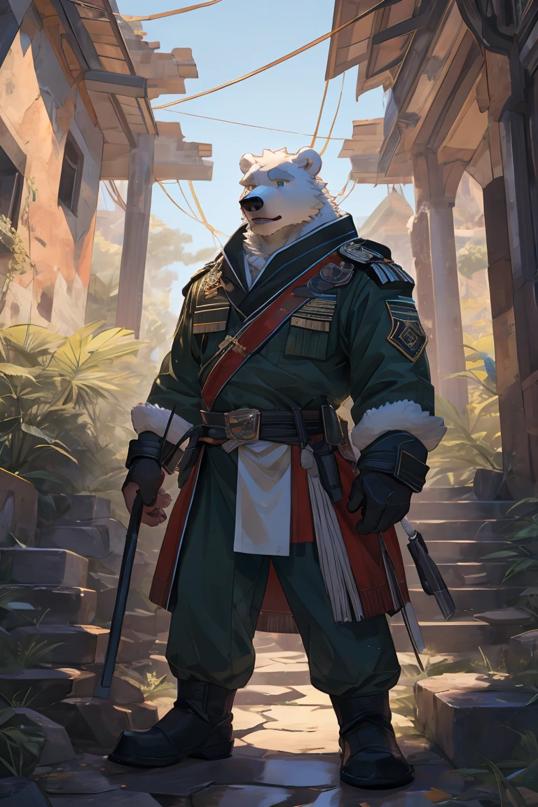 best quality,Ultra HD,Upper Body,The most exquisite eyes,Exquisite facial features,Close up,In the ruins,male,soldier,polar bear,Expression distressed,坐In the ruins用左手捏着脑袋,Gray Eyes,Upper Body穿着灰色短袖,Wearing green camouflage pants