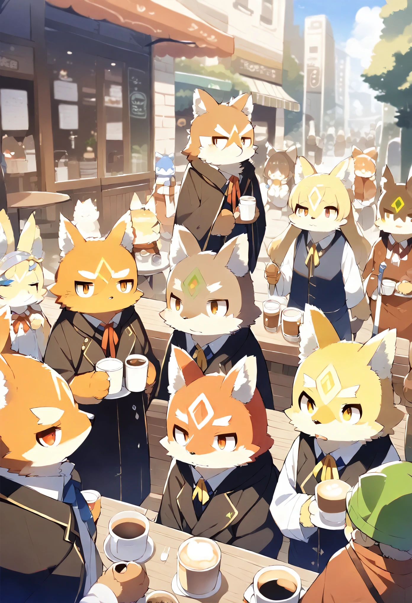 rating_safe, score_9, score_8_up, score_7_up, score_6_up, score_5_up, score_4_up, hires, source_furry(kemono, boy, girl)cafe Terrace, drink, coffee, staff,