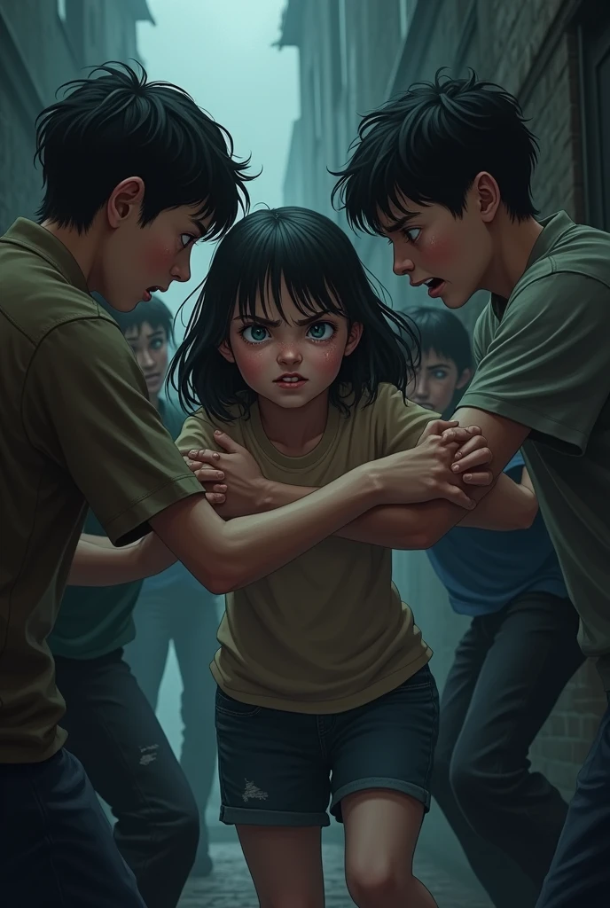 Grroup of boys forcing a crying girl 


